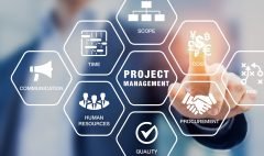 Presentation of project management areas of knowledge, manager touching screen