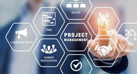 Presentation of project management areas of knowledge, manager touching screen