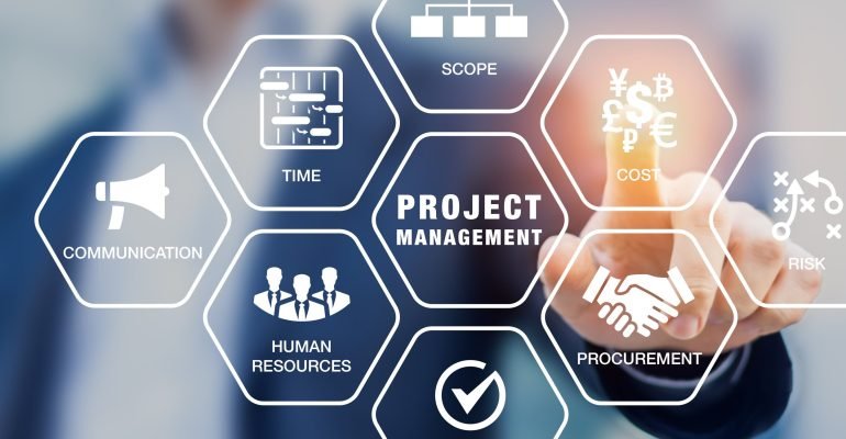 Presentation of project management areas of knowledge, manager touching screen